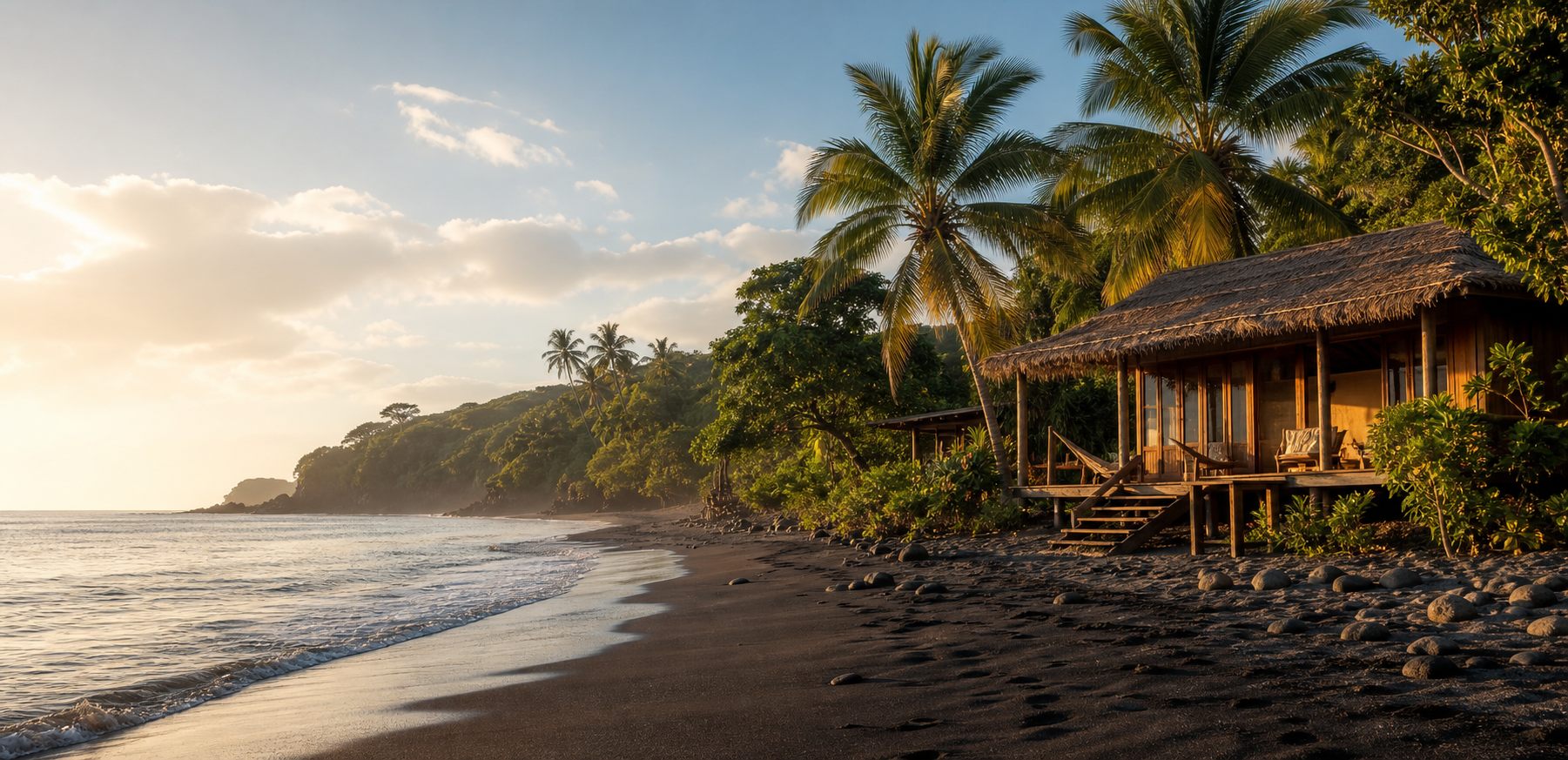 A black-sand beach and palm-covered coast in El Salvador at golden hour
