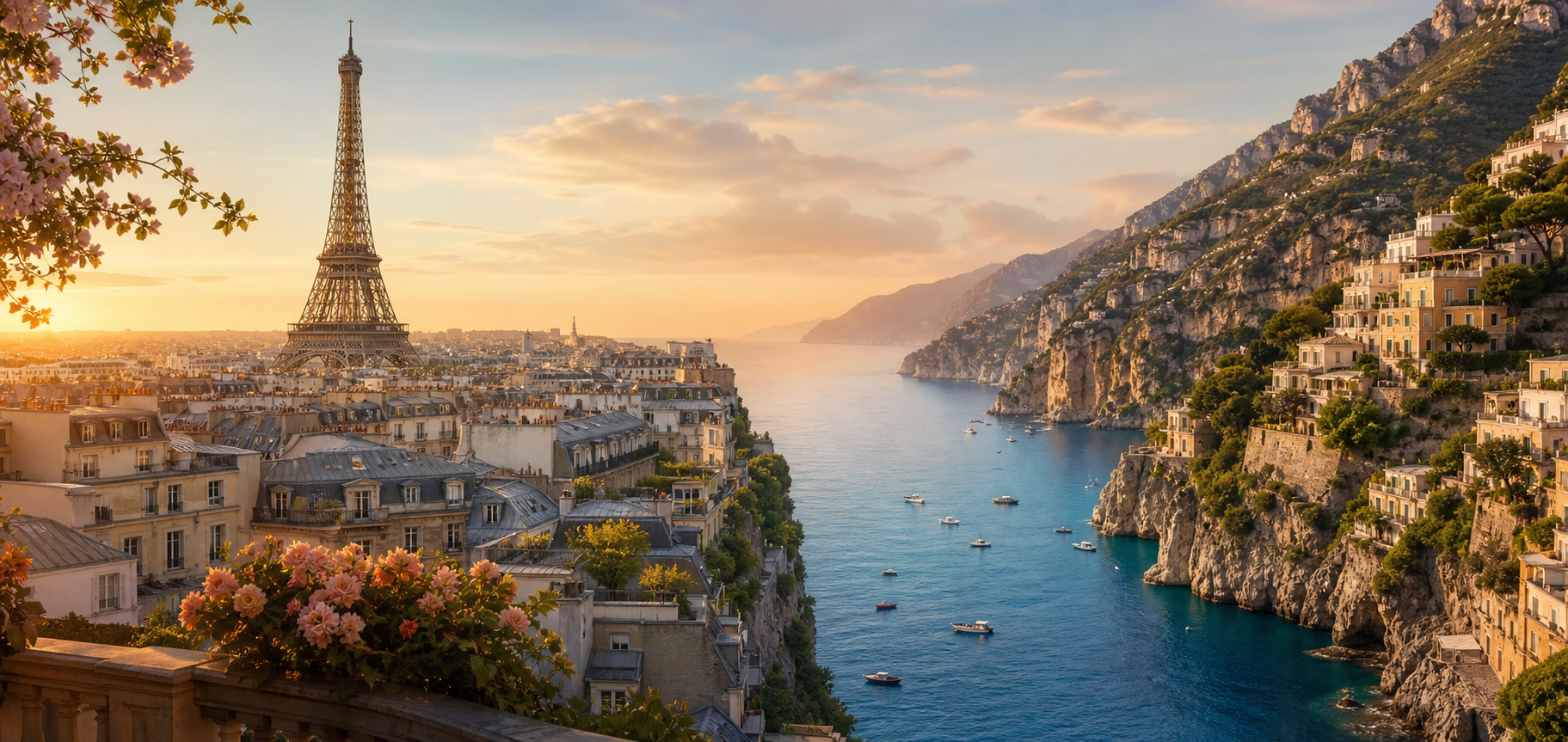 A panoramic blend of Paris and the Amalfi Coast at sunset